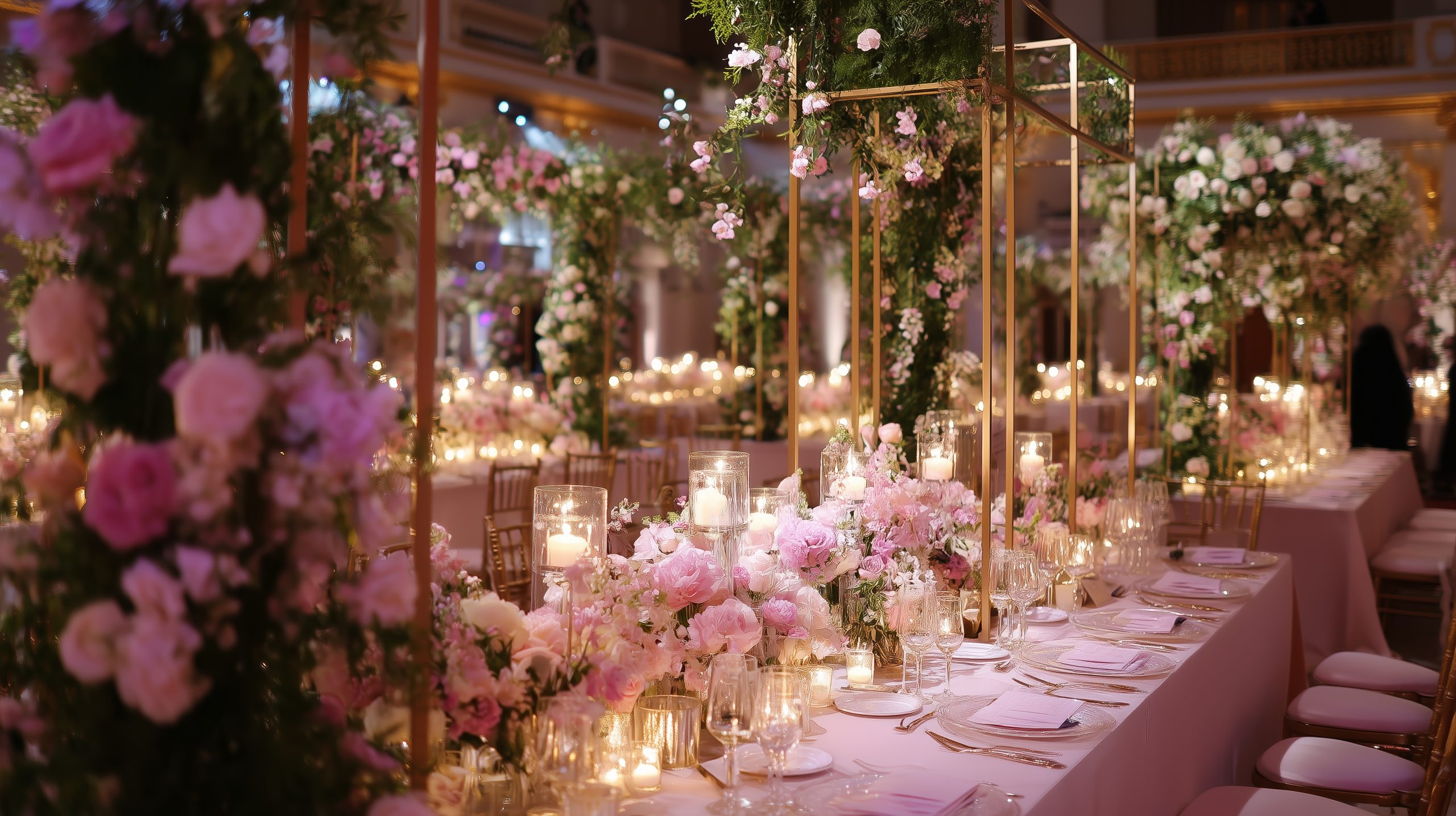 An exquisite wedding reception showcases lavish floral arrangements with soft pink roses and ambient candlelight.